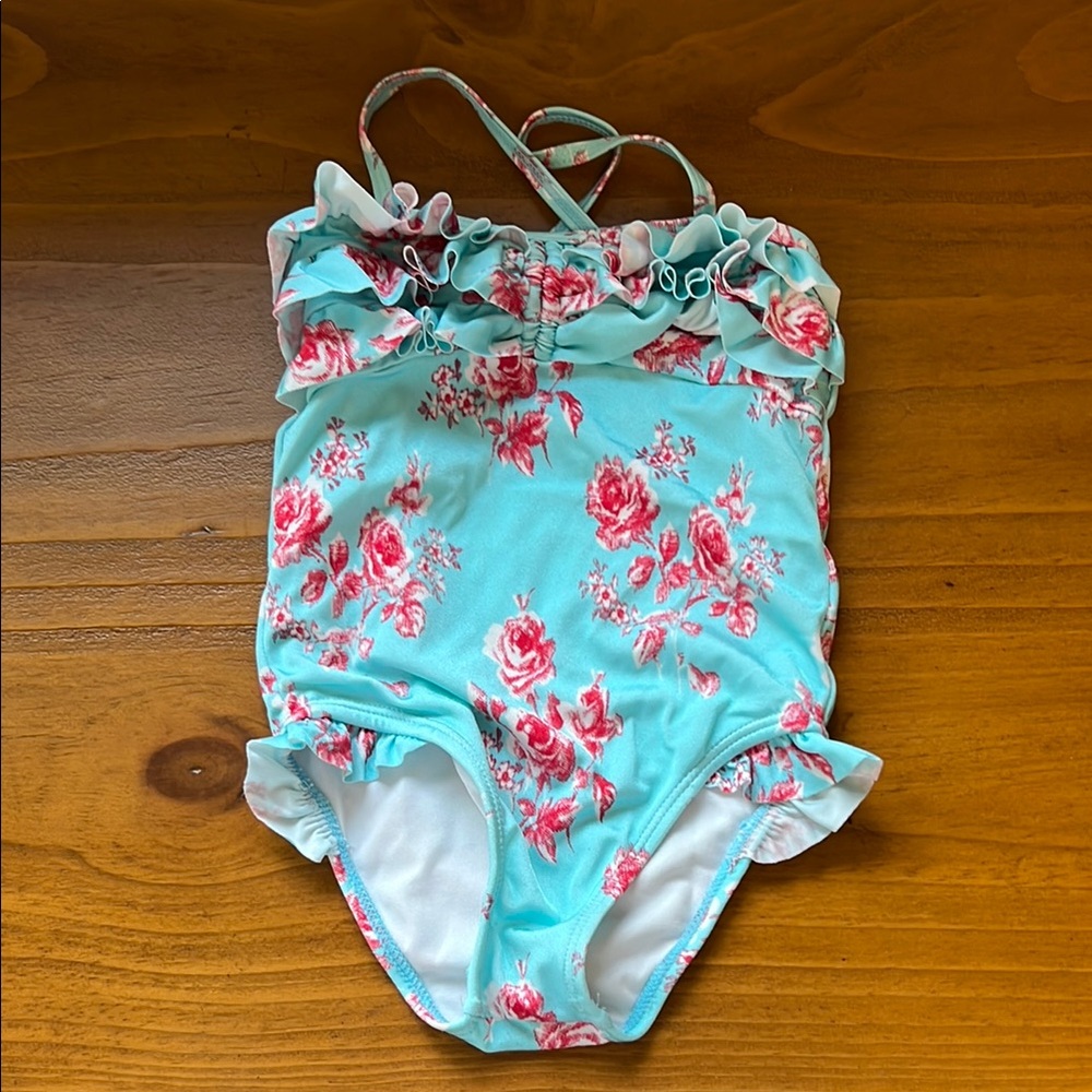 Janie and Jack Blue and Pink One Piece Swimsuit Floral Design